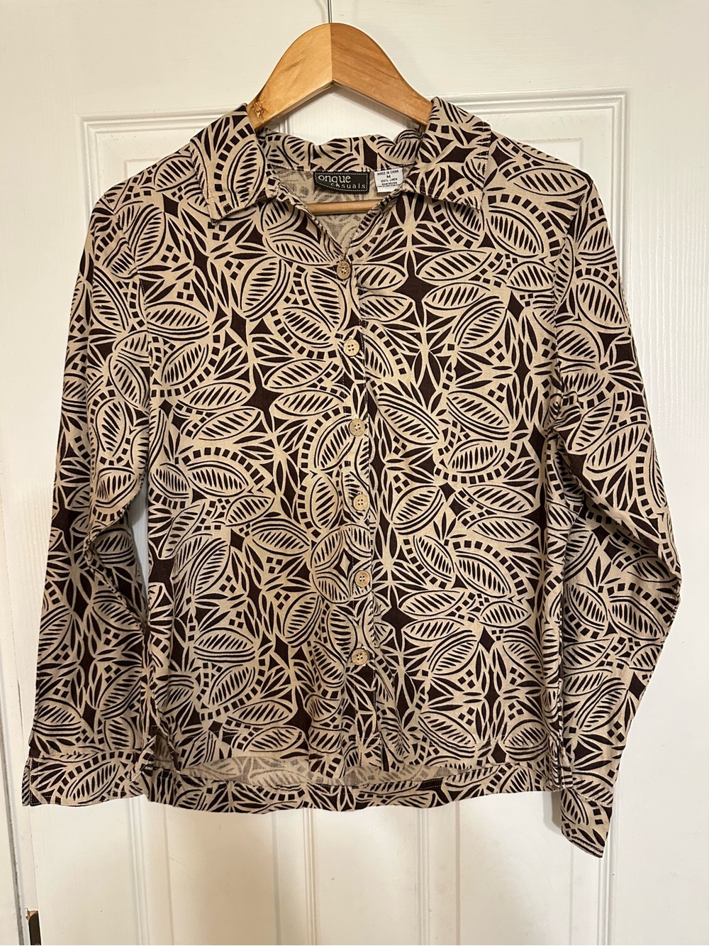 VTG Women’s 100% Linen Brown Leaf Button Up Shirt M Resortwear Travel Coastal